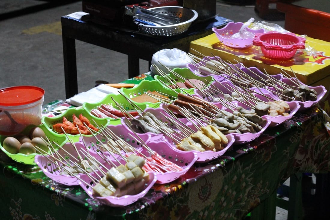 Skewers laid out on a cart