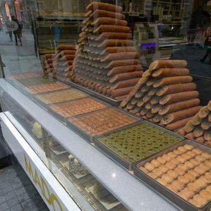Picture of Turkish pastries in shop window.